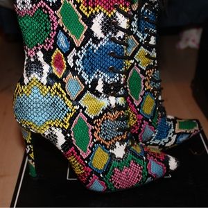 Colorful Heeled Laced Snakeskin Booties